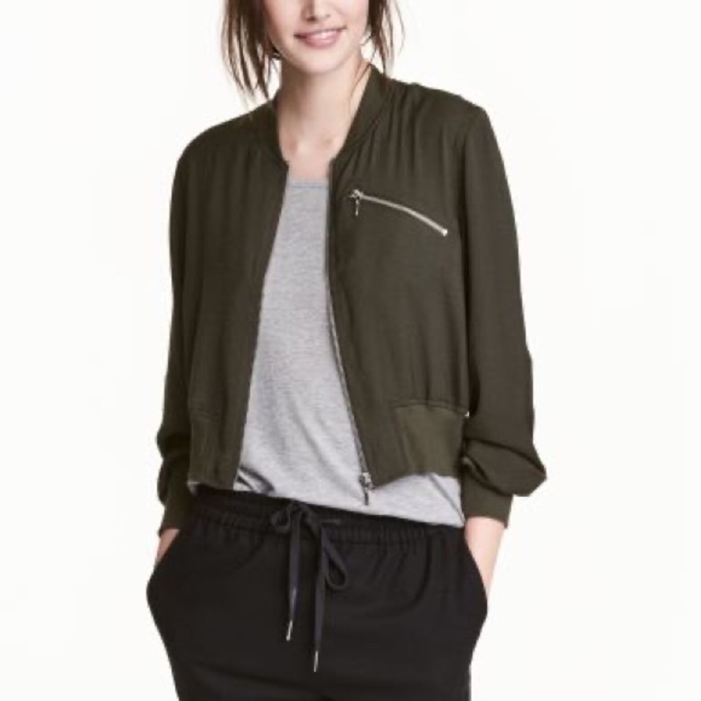 H&M Short Bomber Jacket Dark Khaki Green Size 8